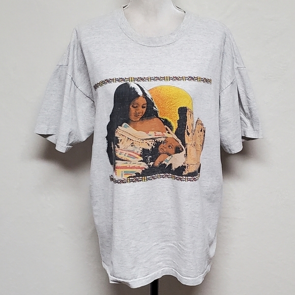 Vintage One Of A Kind Native American Mother Child Gray Single Stitch Tee Large - Picture 4 of 16
